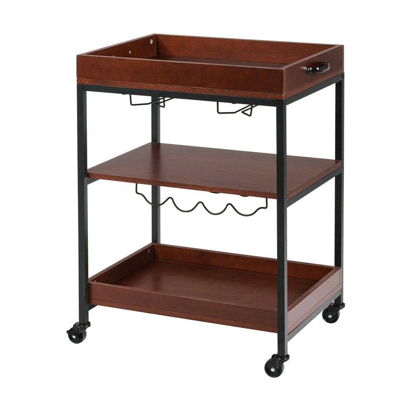 3 Tiers Kitchen Island Serving Bar Cart with Glasses Holder and Wine Bottle Rack - Relaxacare
