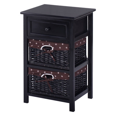 3 Tiers Wooden Storage Nightstand with 2 Baskets and 1 Drawer-black - Relaxacare
