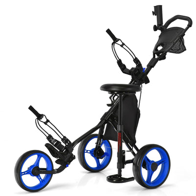 3 Wheels Folding Golf Push Cart with Seat Scoreboard and Adjustable Handle-Blue - Relaxacare