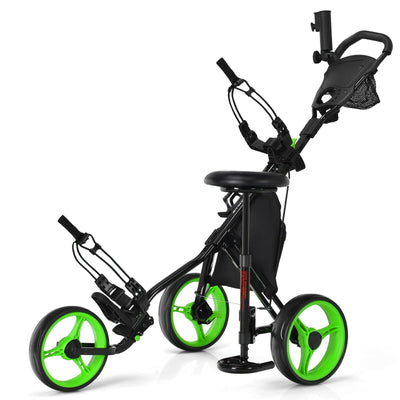 3 Wheels Folding Golf Push Cart with Seat Scoreboard and Adjustable Handle-Green - Relaxacare