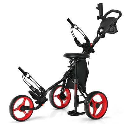 3 Wheels Folding Golf Push Cart with Seat Scoreboard and Adjustable Handle-Red - Relaxacare