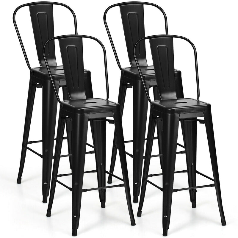30" Height Set of 4 High Back Metal Industrial Bar Stools-Black - Relaxacare