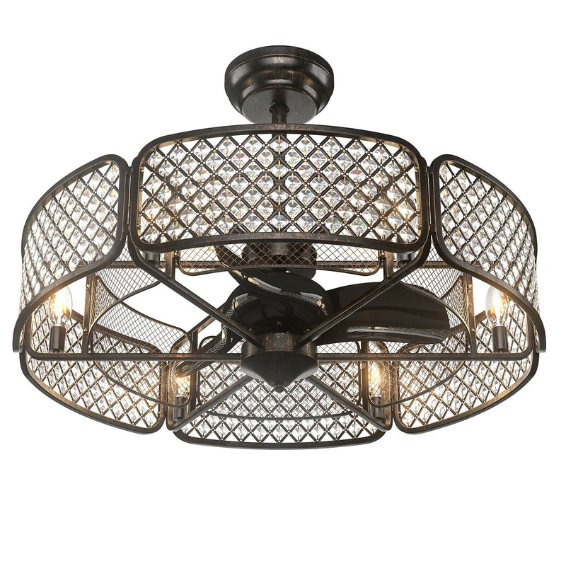 30 Inch Caged Ceiling Fan With Light Crystal Lampshade 6 Light Bases - Relaxacare