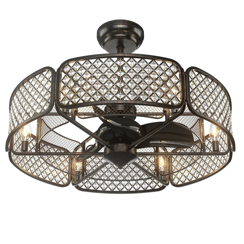 30 Inch Caged Ceiling Fan With Light Crystal Lampshade 6 Light Bases-Coffee - Relaxacare