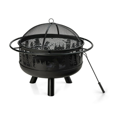 30 Inch Patio Round Fire Pit with Fire Poker Cooking Grill-Black - Relaxacare