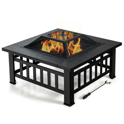 32 Inch 3 in 1 Outdoor Square Fire Pit Table with BBQ Grill and Rain Cover for Camping - Relaxacare