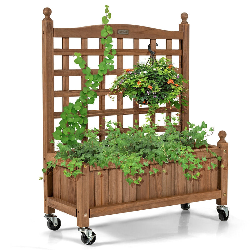 32in Wood Planter Box with Trellis Mobile Raised Bed for Climbing Plant - Relaxacare