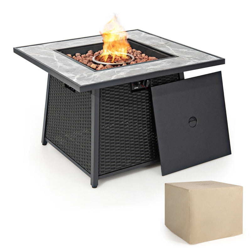 35 Inch Propane Gas Fire Pit Table Wicker Rattan with Lava Rocks PVC Cover-Black - Relaxacare