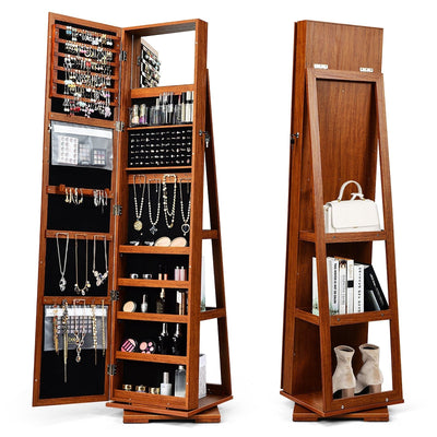 360° Rotatable Armoire 2-in-1 Lockable Mirrored Jewelry Cabinet-Brown - Relaxacare