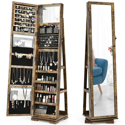 360° Rotatable Armoire 2-in-1 Lockable Mirrored Jewelry Cabinet-Rustic Brown - Relaxacare