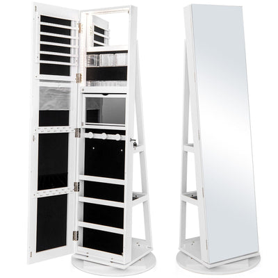360° Rotating Mirrored Jewelry Cabinet Armoire 3 Color LED Modes Lockable - Relaxacare
