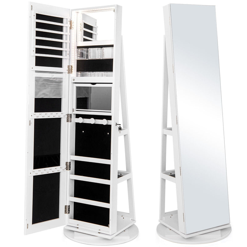 360° Rotating Mirrored Jewelry Cabinet Armoire 3 Color LED Modes Lockable - Relaxacare
