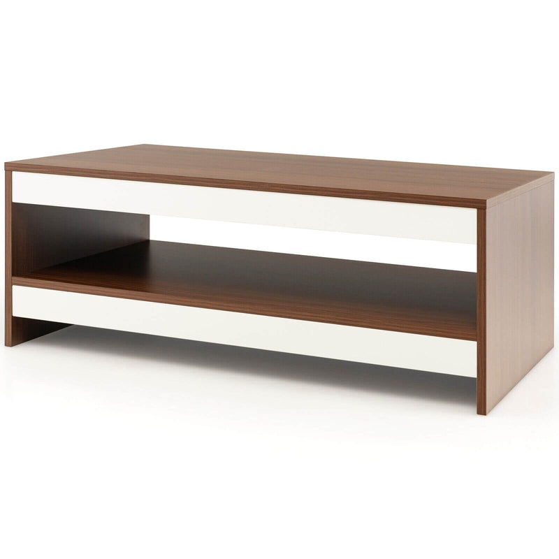 37 Inch 2-Tier Rectangle Wooden Coffee Table with Storage Shelf - Relaxacare