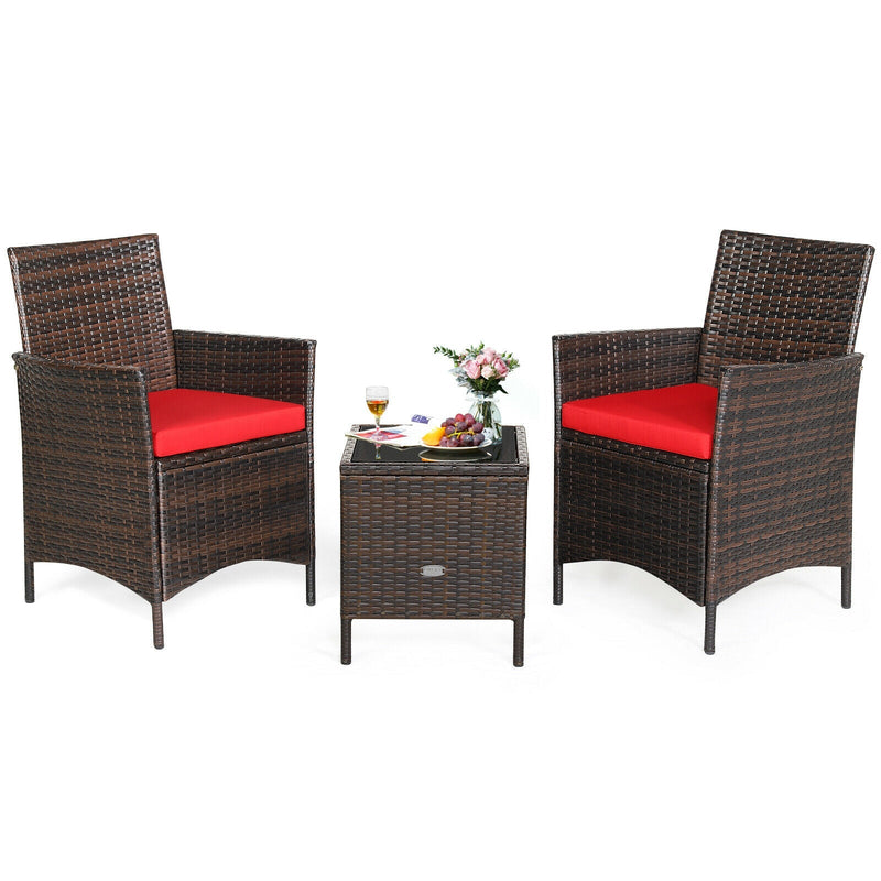 3Pcs Patio Rattan Furniture Set Cushioned Sofa and Glass Tabletop Deck-Red - Relaxacare
