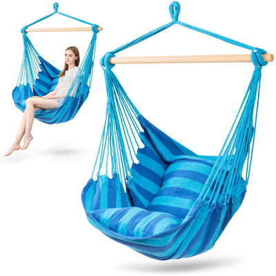 4 Color Deluxe Hammock Rope Chair Porch Yard Tree Hanging Air Swing Outdoor-Blue - Relaxacare