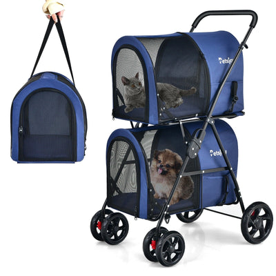 4-in-1 Double Pet Stroller with Detachable Carrier and Travel Carriage-Blue - Relaxacare