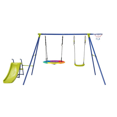 4-in-1 Heavy-Duty Metal Playset with Slide and Basketball Hoop - Relaxacare