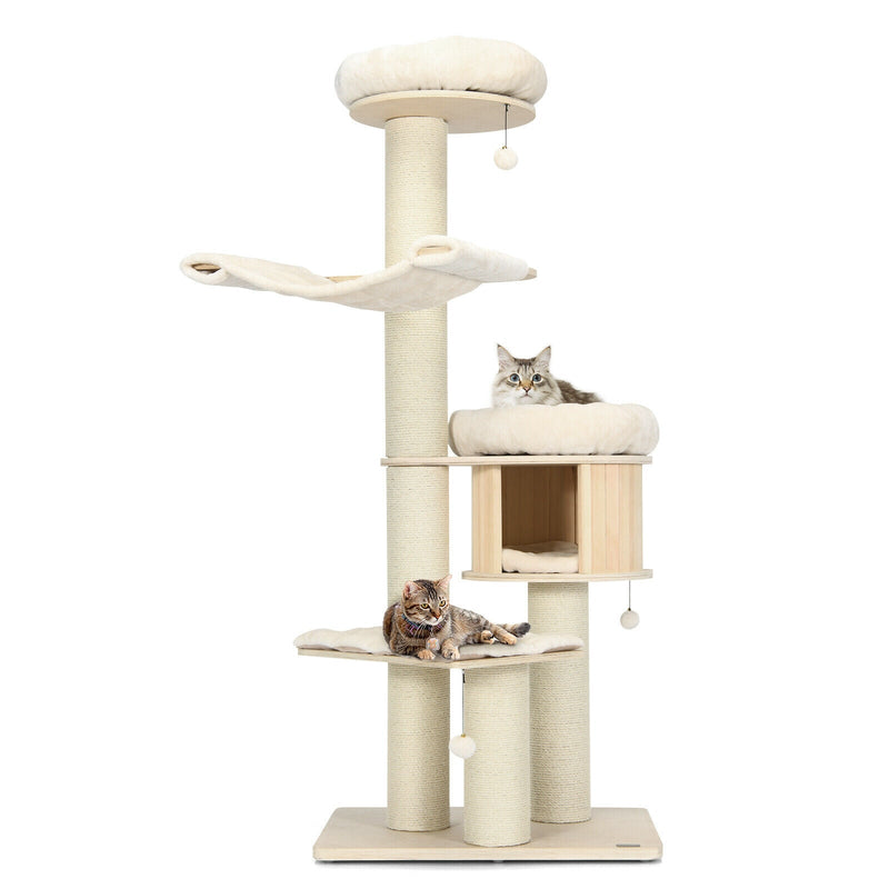 4-Layer 68.5-Inch Wooden Cat Tree Condo Activity Tower with Sisal Posts-Natural - Relaxacare