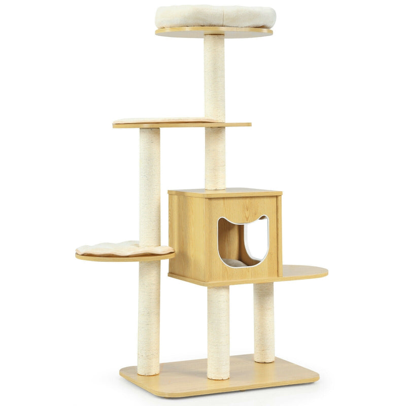 4 Levels Modern Wood Cat Tower with Washable Mats-Walnut - Relaxacare