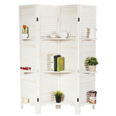 4 Panel Folding Room Divider Screen with 3 Display Shelves-White - Relaxacare