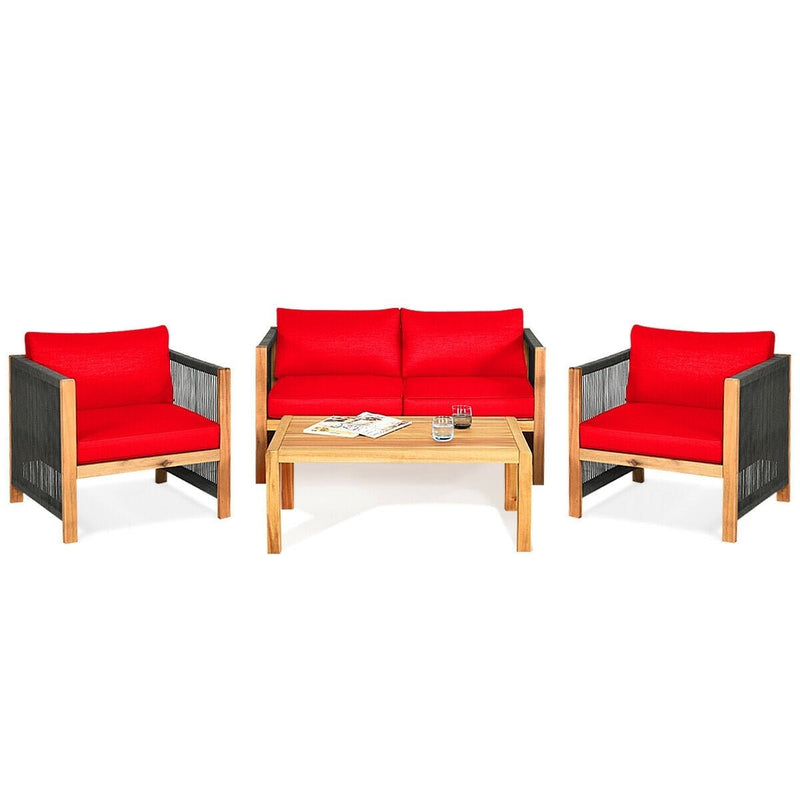 4 Pcs Acacia Wood Outdoor Patio Furniture Set with Cushions-Red - Relaxacare