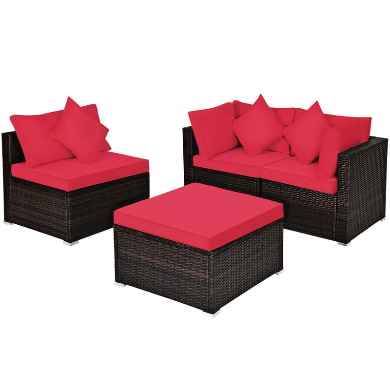 4 Pcs Ottoman Garden Deck Patio Rattan Wicker Furniture Set Cushioned Sofa-Red - Relaxacare