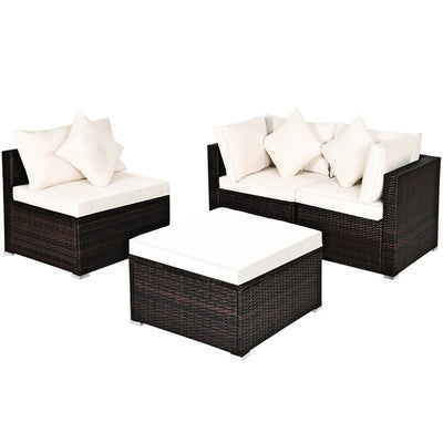 4 Pcs Ottoman Garden Deck Patio Rattan Wicker Furniture Set Cushioned Sofa-White - Relaxacare