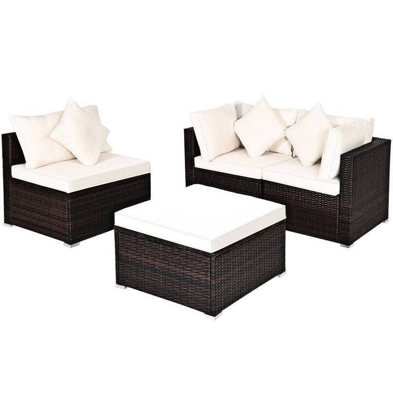 4 Pcs Ottoman Garden Deck Patio Rattan Wicker Furniture Set Cushioned Sofa-White - Relaxacare