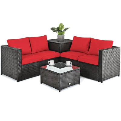 4 Pcs Outdoor Patio Rattan Furniture Set with Cushioned Loveseat and Storage Box-Red - Relaxacare