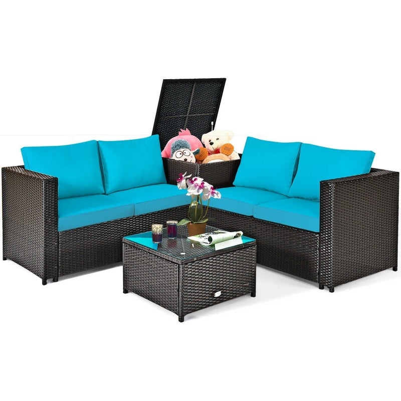 4 Pcs Outdoor Patio Rattan Furniture Set with Cushioned Loveseat and Storage Box-Turquoise - Relaxacare