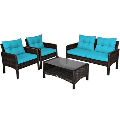 4 Pcs Outdoor Rattan Wicker Loveseat Furniture Set with Cushions-Turquoise - Relaxacare