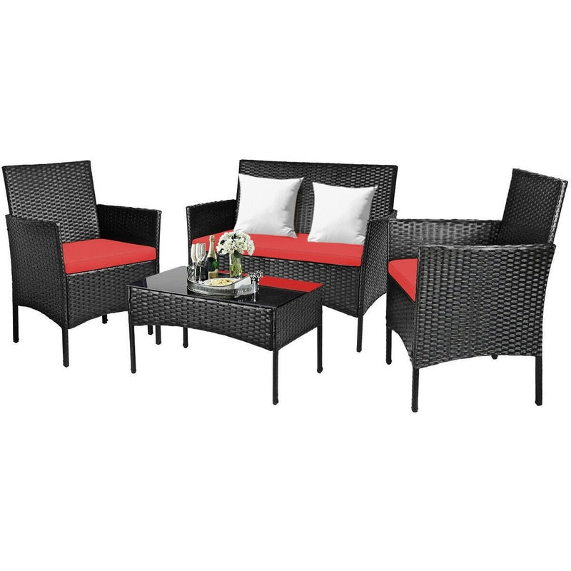 4 Pcs Patio Rattan Cushioned Sofa Furniture Set with Tempered Glass Coffee Table-Red - Relaxacare