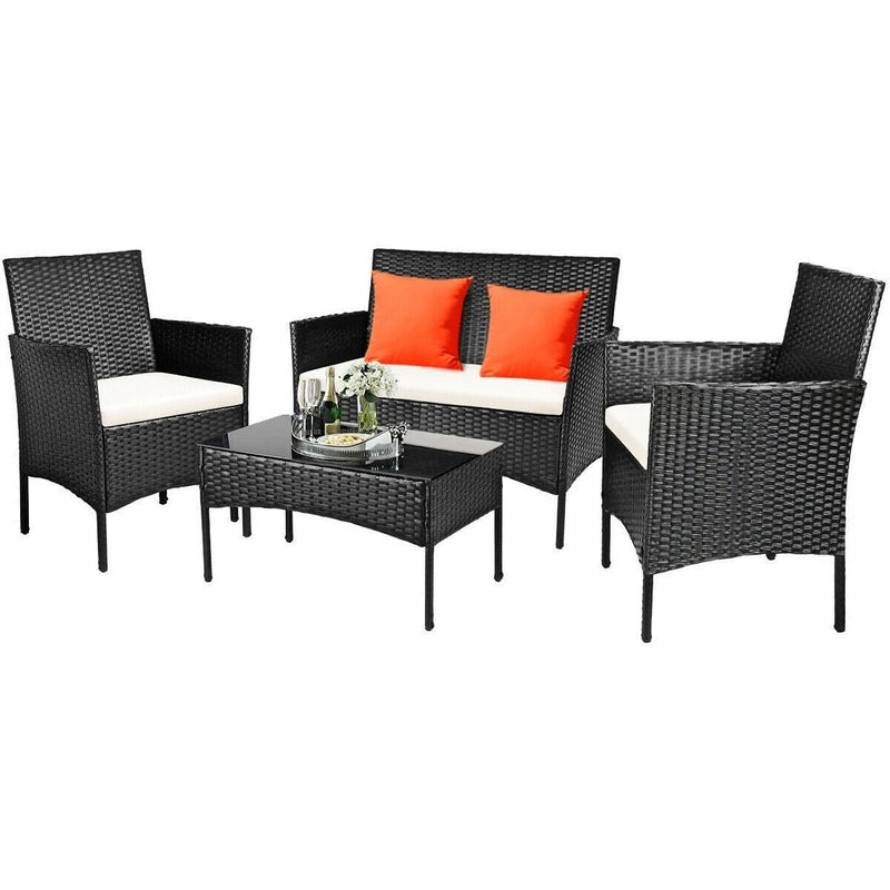 4 Pcs Patio Rattan Cushioned Sofa Furniture Set with Tempered Glass Coffee Table-White - Relaxacare