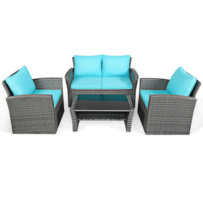 4 Pcs Patio Rattan Furniture Set Sofa Table with Storage Shelf Cushion-Turquoise - Relaxacare
