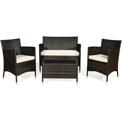 4 Pcs Rattan Outdoor Patio Conversation Furniture Set with Glass Table and Comfortable Wicker Sectional Sofa - Relaxacare