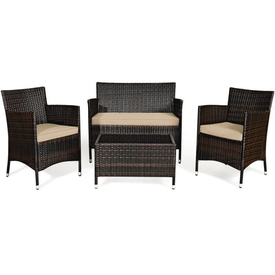 4 Pcs Rattan Outdoor Patio Conversation Furniture Set with Glass Table and Comfortable Wicker Sectional Sofa-Light Brown - Relaxacare