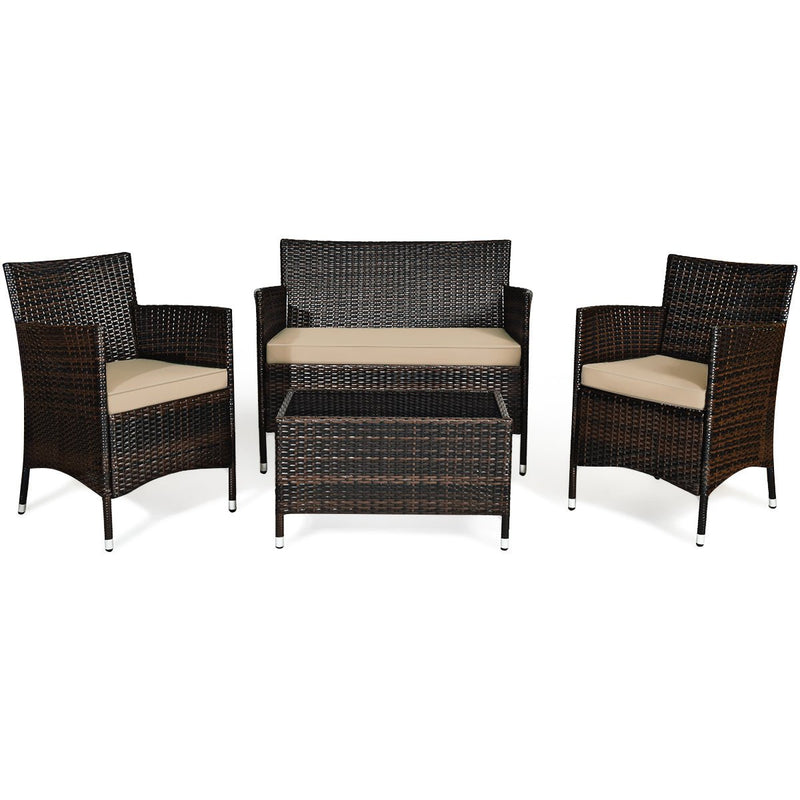 4 Pcs Rattan Outdoor Patio Conversation Furniture Set with Glass Table and Comfortable Wicker Sectional Sofa-Light Brown - Relaxacare