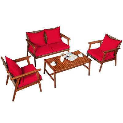 4 Piece Acacia Wood Patio Rattan Furniture Set-Red - Relaxacare