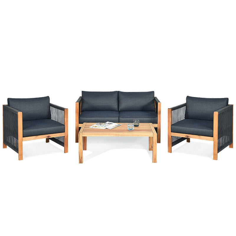 4 Pieces Acacia Outdoor Patio Wood Sofa Set with Cushions - Relaxacare