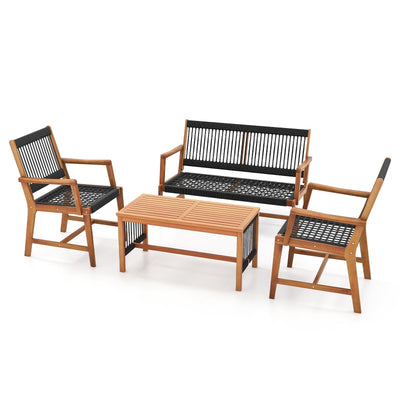4 Pieces Acacia Wood Patio Conversation Table and Chair Set with Hand Woven Rope - Relaxacare