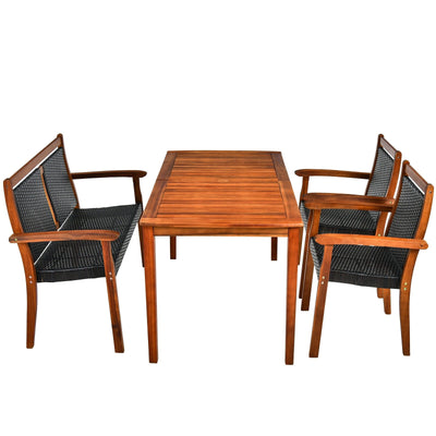 4 Pieces Acacia Wood Patio Rattan Dining Furniture Set - Relaxacare
