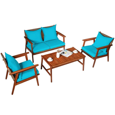 4 Pieces Acacia Wood Patio Rattan Furniture Set-Turquoise - Relaxacare