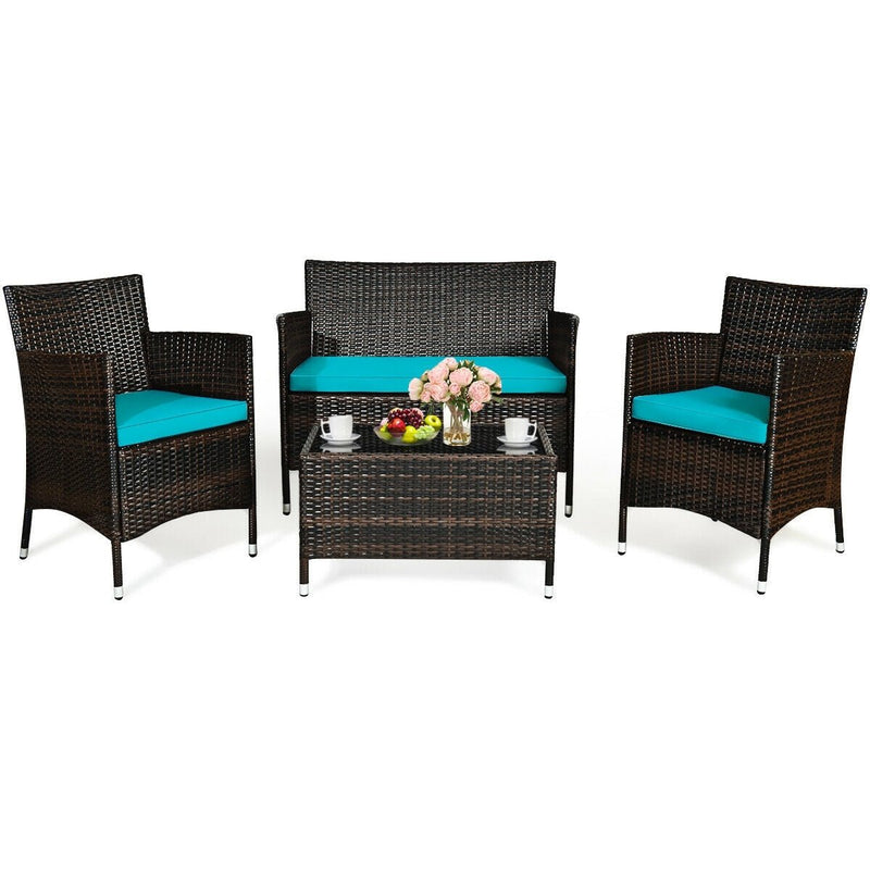 4 Pieces Comfortable Outdoor Rattan Sofa Set with Glass Coffee Table - Relaxacare