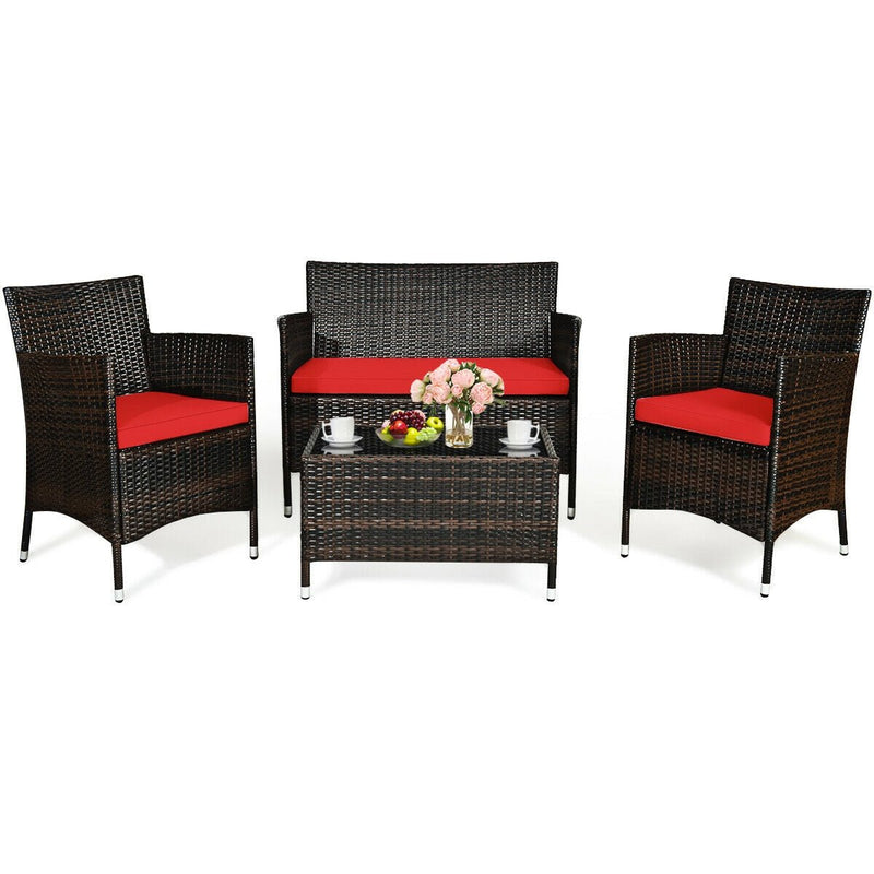 4 Pieces Comfortable Rattan Outdoor Conversation Furniture Set with Glass Table - Relaxacare