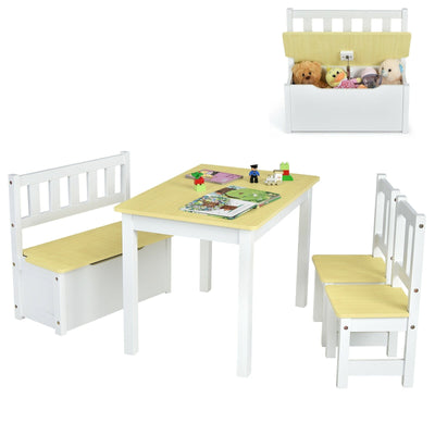 4 Pieces Kids Wooden Activity Table and Chairs Set with Storage Bench and Study Desk-Natural - Relaxacare