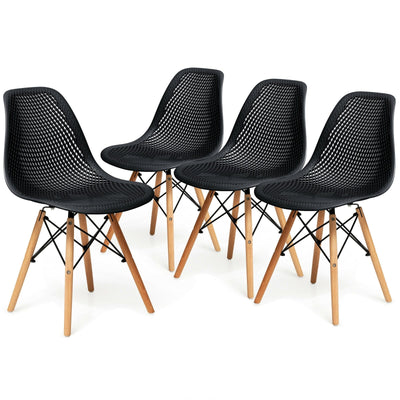 4 Pieces Modern Plastic Hollow Chair Set with Wood Leg-Black - Relaxacare