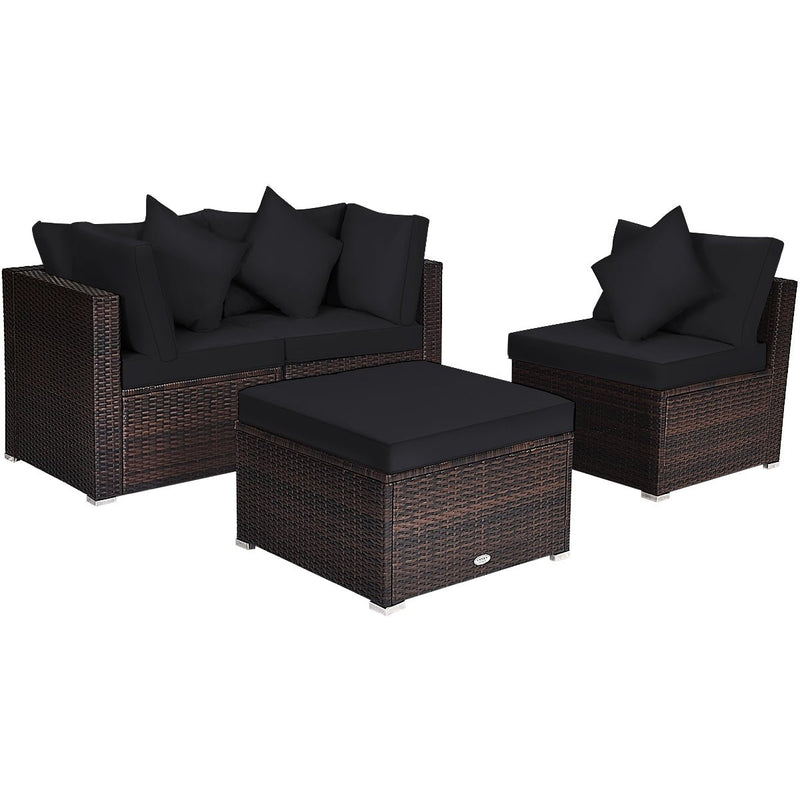 4 Pieces Ottoman Garden Patio Rattan Wicker Furniture Set with Cushion-Black - Relaxacare