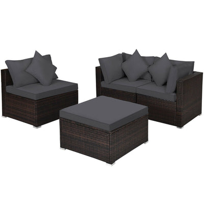 4 Pieces Ottoman Garden Patio Rattan Wicker Furniture Set with Cushion-Gray - Relaxacare