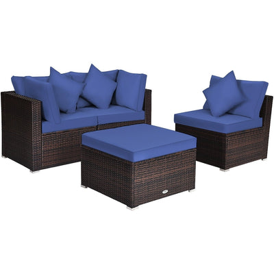 4 Pieces Ottoman Garden Patio Rattan Wicker Furniture Set with Cushion-Navy - Relaxacare