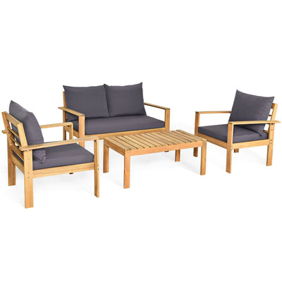 4 Pieces Outdoor Acacia Wood Chat Set with Removable Cushions and Table - Relaxacare